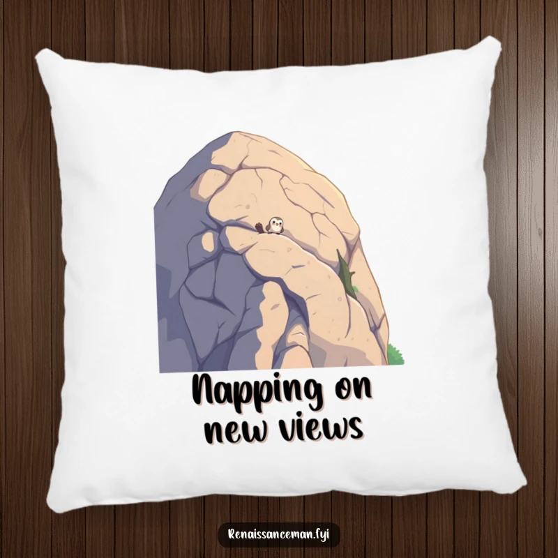 Funny pillow with a curious bird peeking from atop a colossal boulder, providing a comfortable and humorous touch to any room.