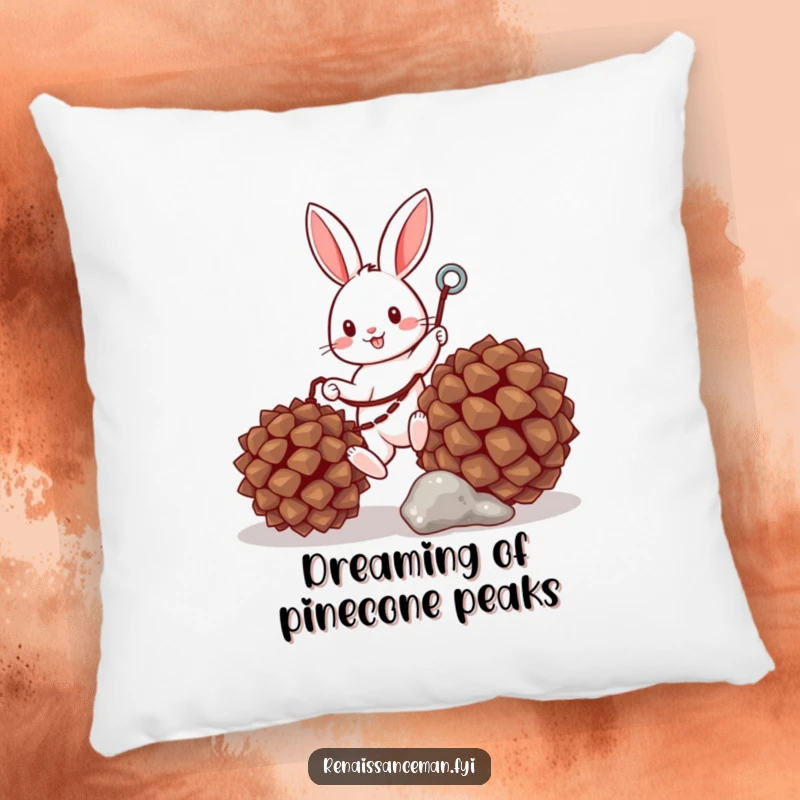 Funny pillow with a cheerful bunny using a grappling hook to climb a pinecone, offering comfort and a humorous touch.