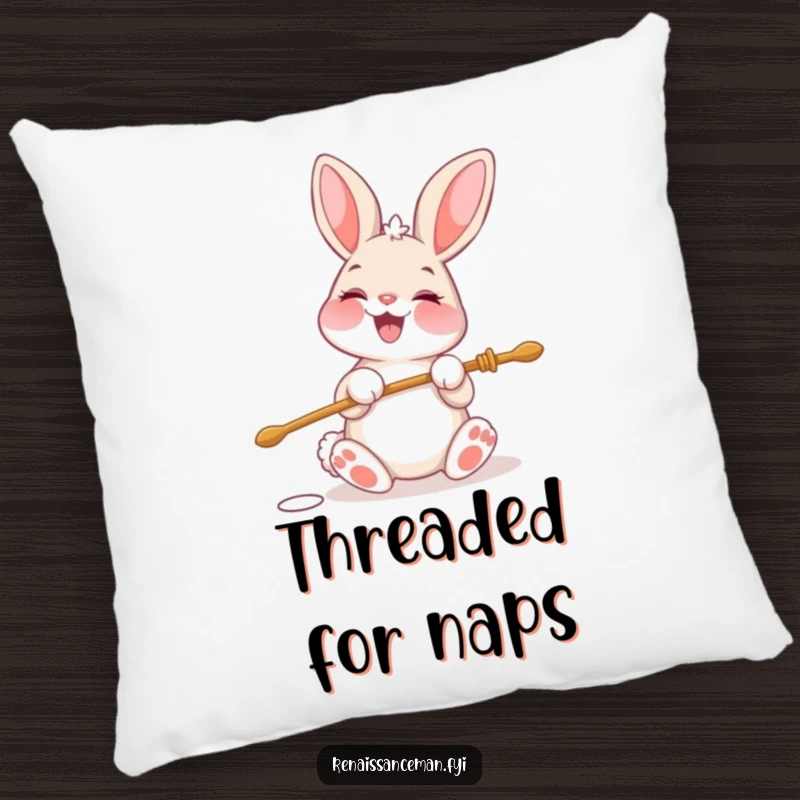 Funny pillow featuring a cheerful bunny character beaming with glee while threading a large needle.