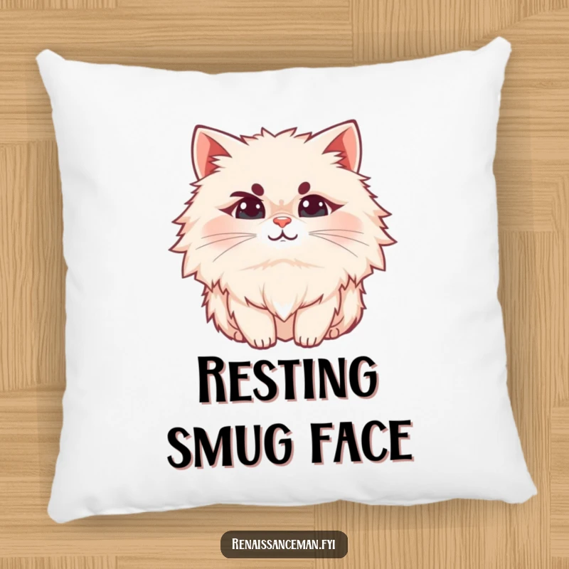 Funny cat pillow, a fluffy cat with a raised eyebrow and a subtle smirk, perfect for cozy, humorous lounging.