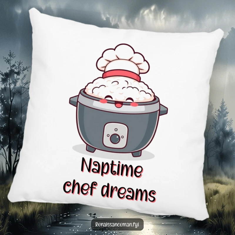 Funny pillow featuring a delighted rice cooker wearing a tiny chef hat, offering comfort and a beaming, joyful expression.