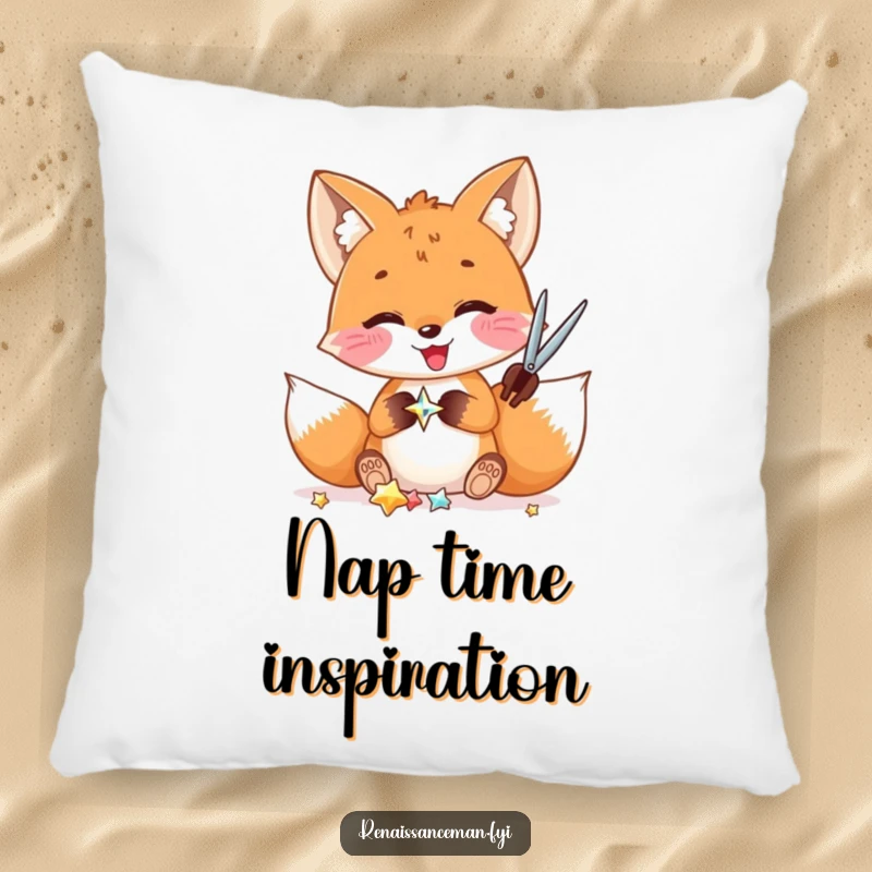 Funny pillow: A delighted fox uses scissors to cut a shiny embellishment, embodying crafting joy and comfort.