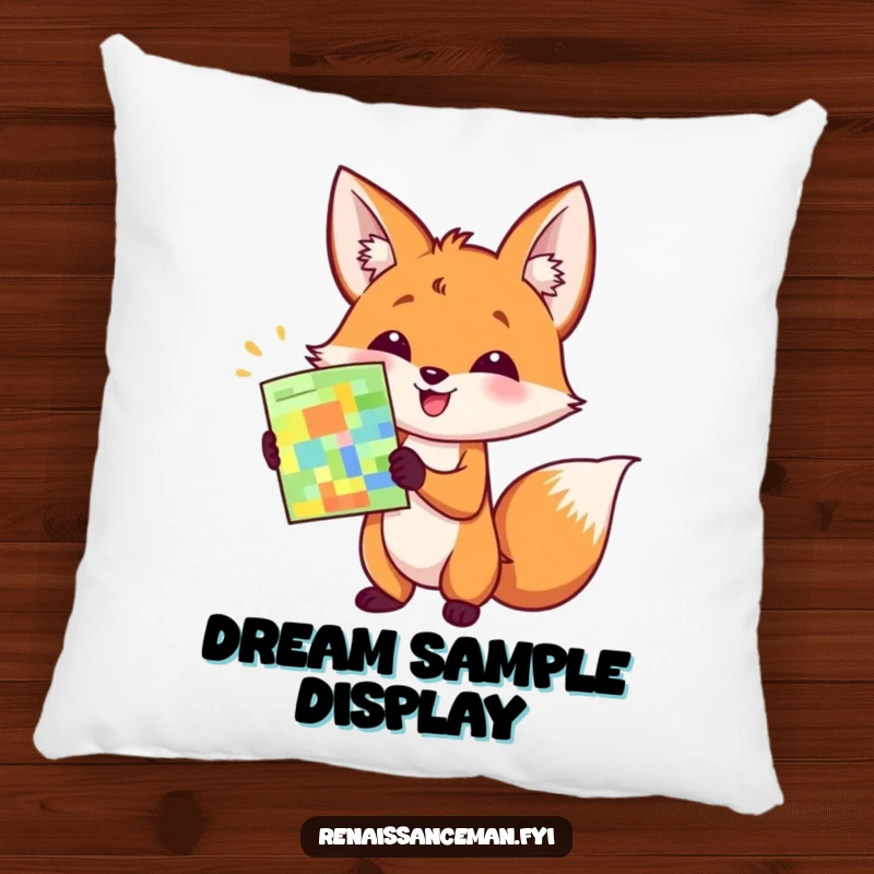Funny pillow featuring a happy fox enthusiastically presenting a colorful sample with a flourish, bringing cheer.