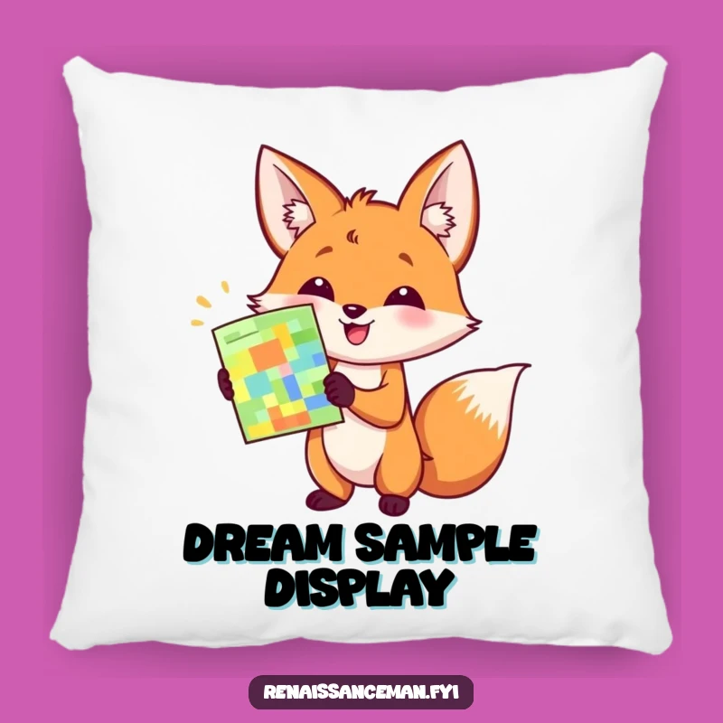 Add comfort and a touch of flair to your space with this funny pillow. A happy fox presenting a sample brings cheer and humor.