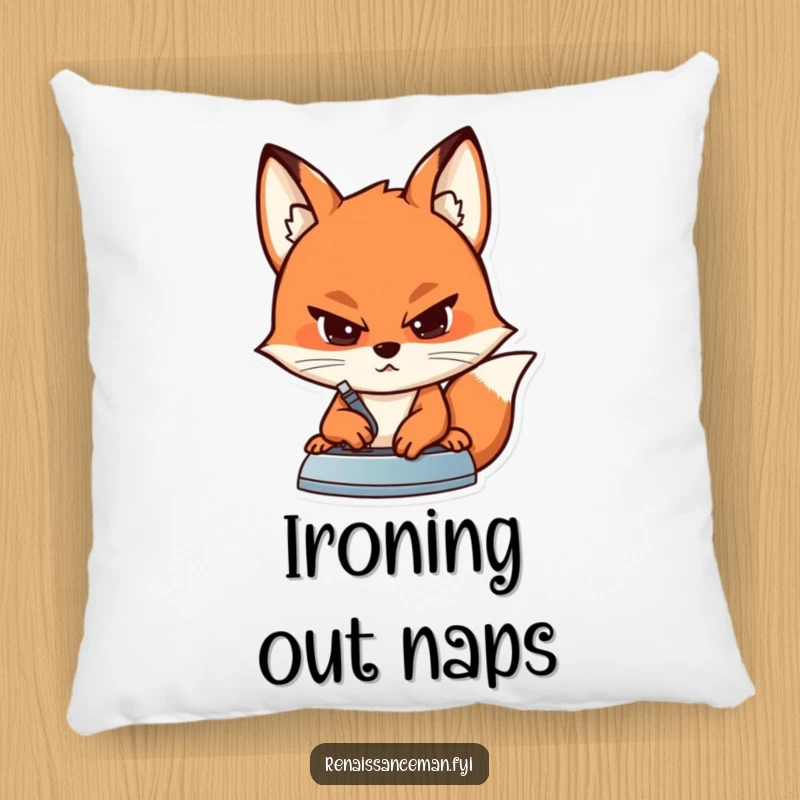 Funny pillow design showing a determined fox with a serious expression, ironing a seam on fabric, bringing focused charm.