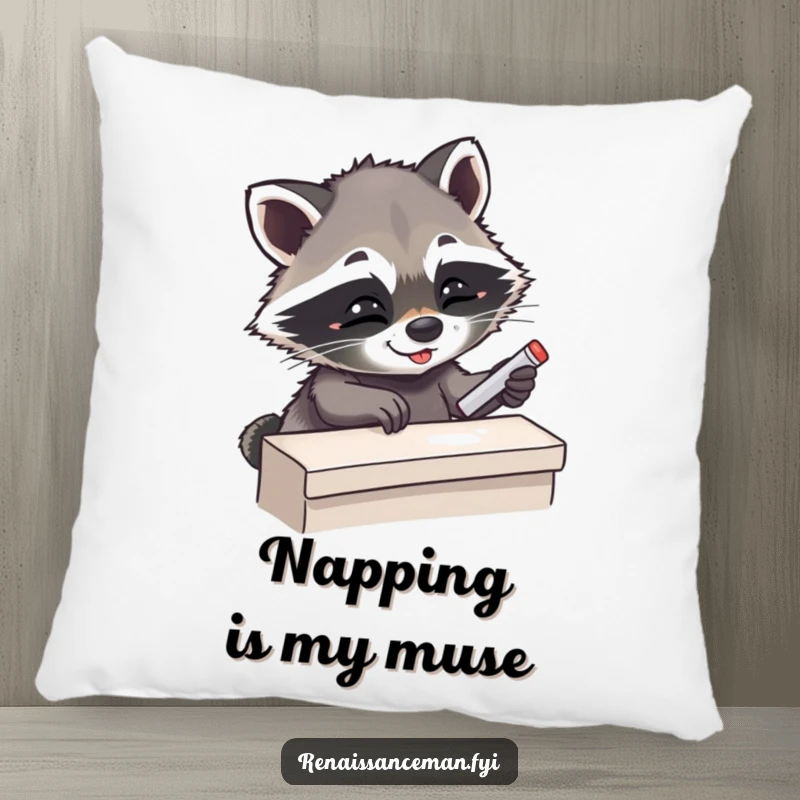 Funny Giggling Raccoon Expertly Placing Chalk on a Ledge, Comfortable Accent Pillow, Humorous Home Decor.