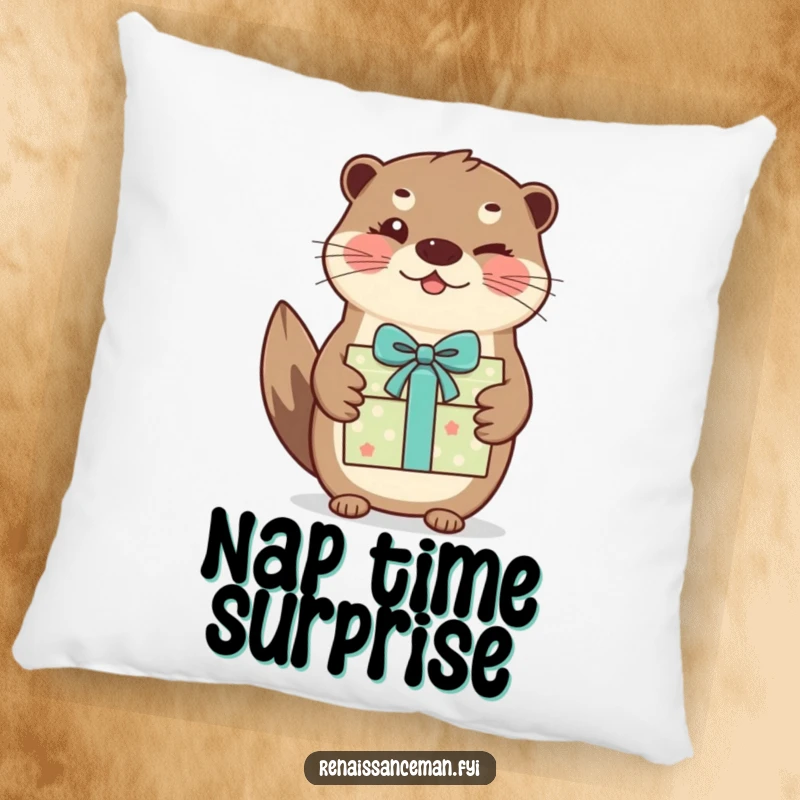 Funny otter gift pillow. A beaming otter winks while handing over a beautifully wrapped gift, soft and huggable.