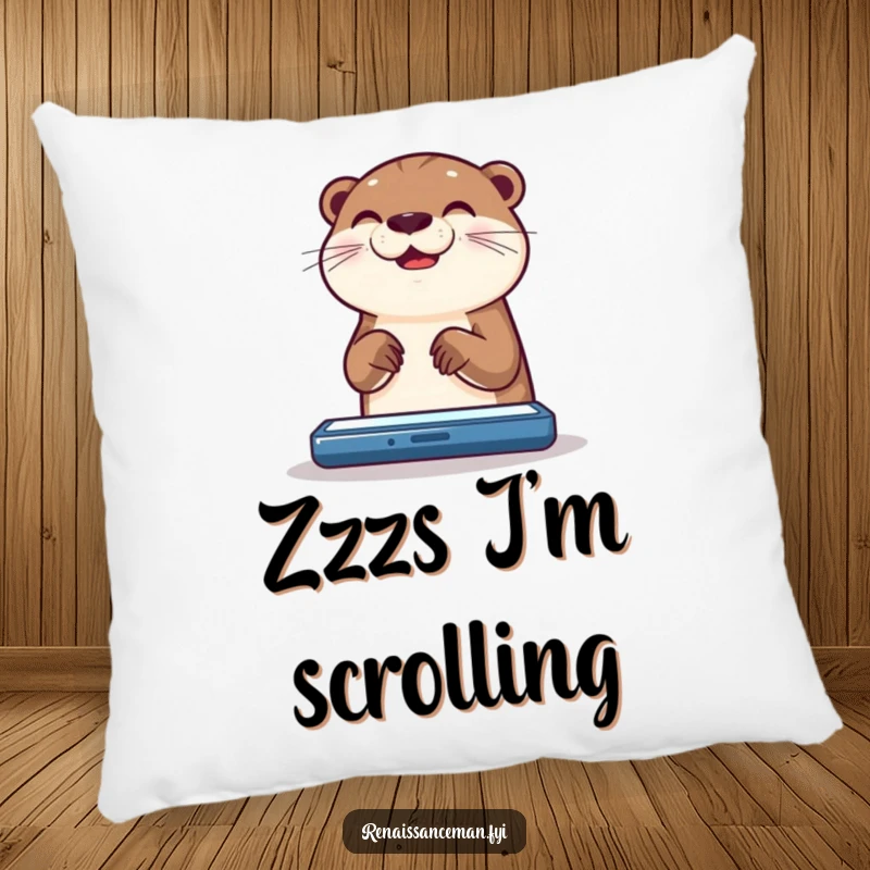 Funny otter pillow depicting a happy otter joyfully scrolling on a bright screen, perfect for cozy spaces.