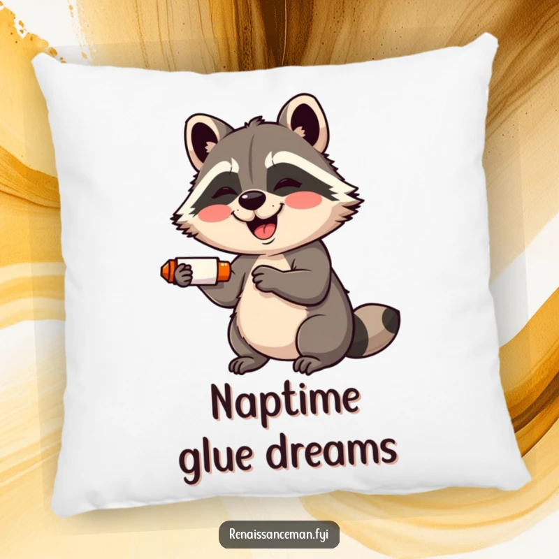 Funny pillow: A giggling raccoon with a wide smile adorably uses a glue stick, bringing crafting cheer.