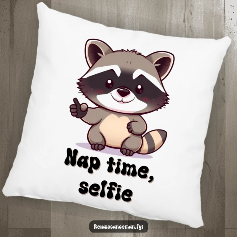 Funny raccoon pillow featuring a determined raccoon taking a selfie with a tiny, happy grin, adding comfort and humor.