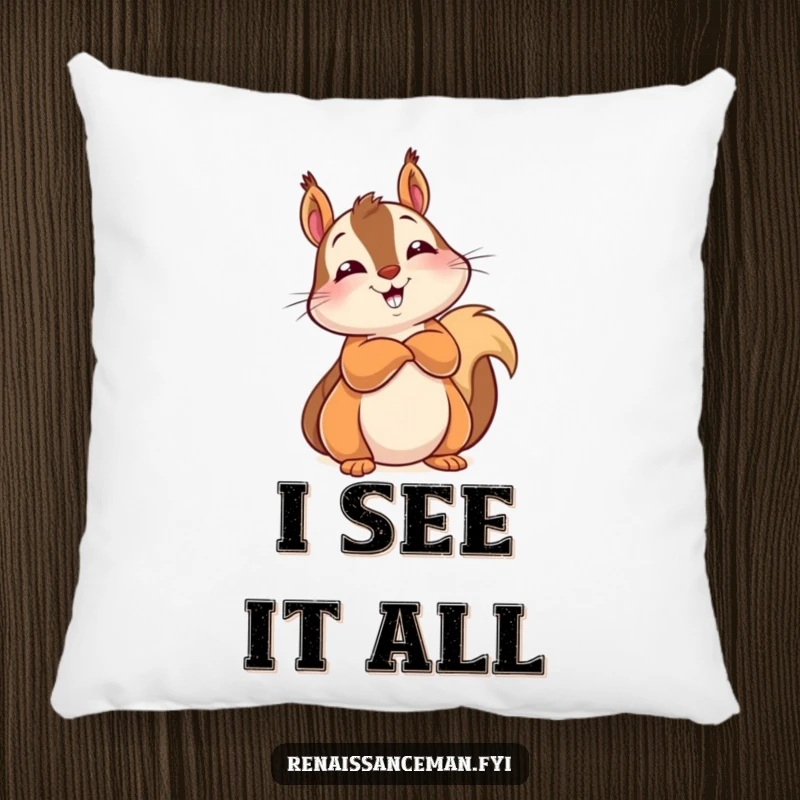Funny pillow featuring a delighted squirrel leaning back, arms crossed, with a knowing and confident look.
