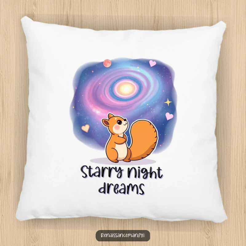 Funny pillow featuring a cheerful squirrel character gazing dreamily at a swirling galaxy. Soft and whimsically cosmic.