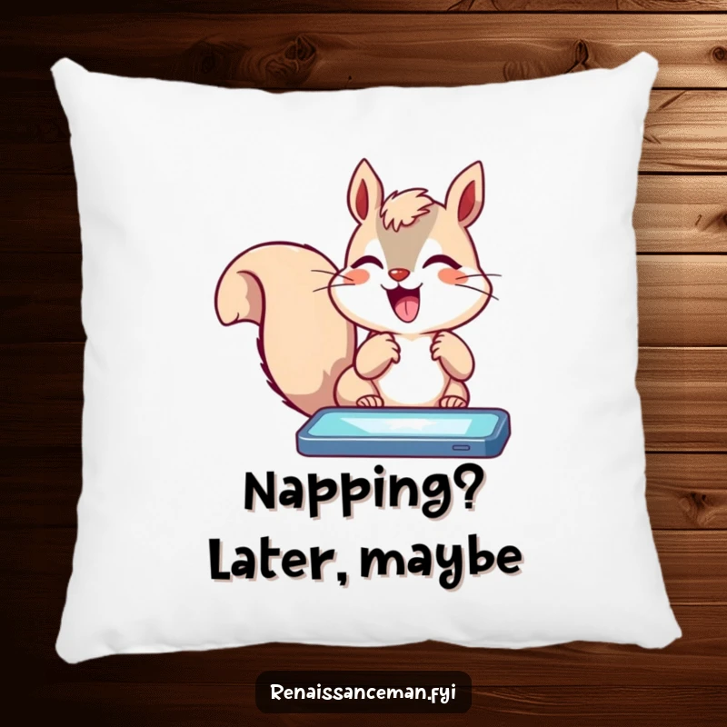 Funny delighted squirrel tapping an illuminated screen with pure joy, featured on a soft and humorous decorative pillow.
