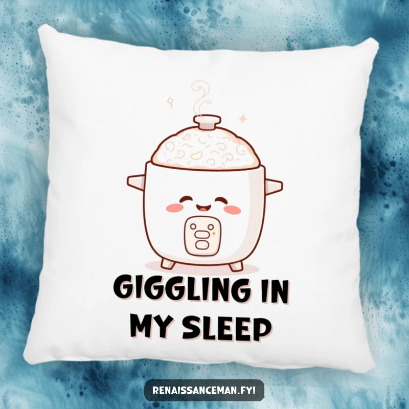 Funny pillow featuring a giggling rice cooker with steam forming a playful swirl pattern, offering comfort and cheerful vibes.