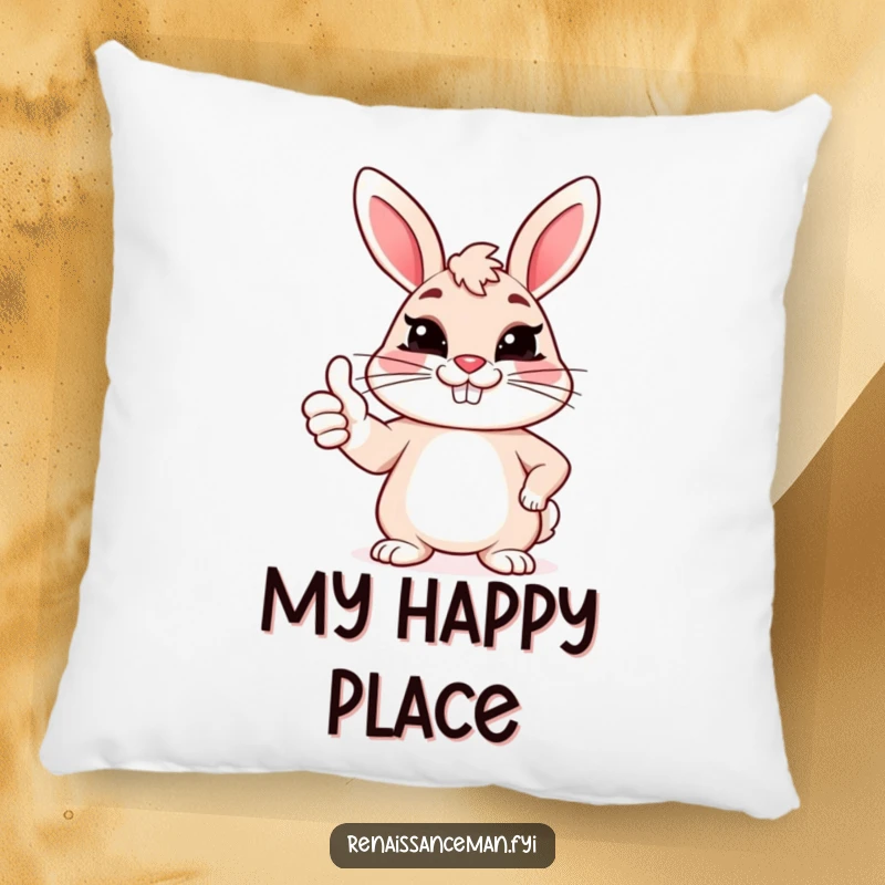 Funny pillow featuring a cheerful bunny giving a sarcastic thumbs up with a forced grin, adding a touch of cheekiness.