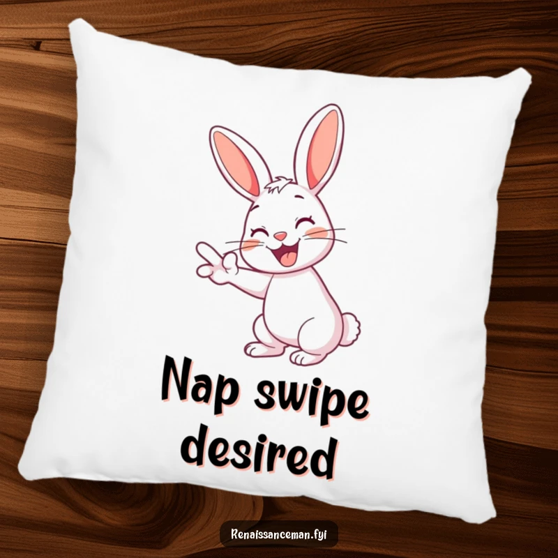 Funny rabbit pillow depicting a cheerful rabbit with a grin swiping left, perfect for cozying up.