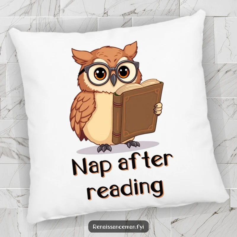 Funny owl pillow, wearing glasses, nestled comfortably while reading a large ancient book, soft and supportive reading buddy.