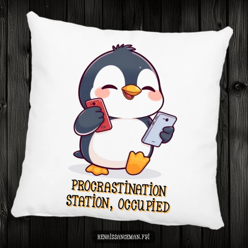 Funny penguin making a comical face while holding a phone, designed for a soft and humorous decorative pillow.