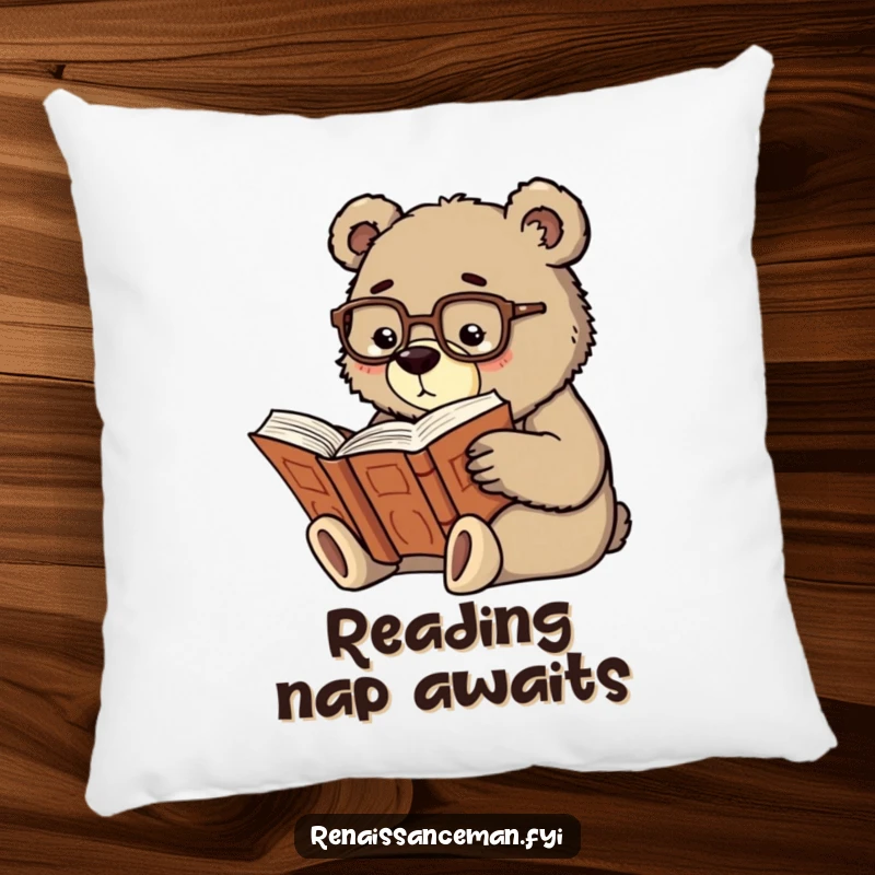 Funny scholarly bear with spectacles reading a large book, designed for a soft and wise decorative pillow.