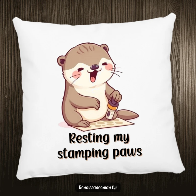 Funny otter stamping pillow, soft cushion featuring an otter's enthusiastic crafting, adding a touch of humor and comfort to any room, great gift.