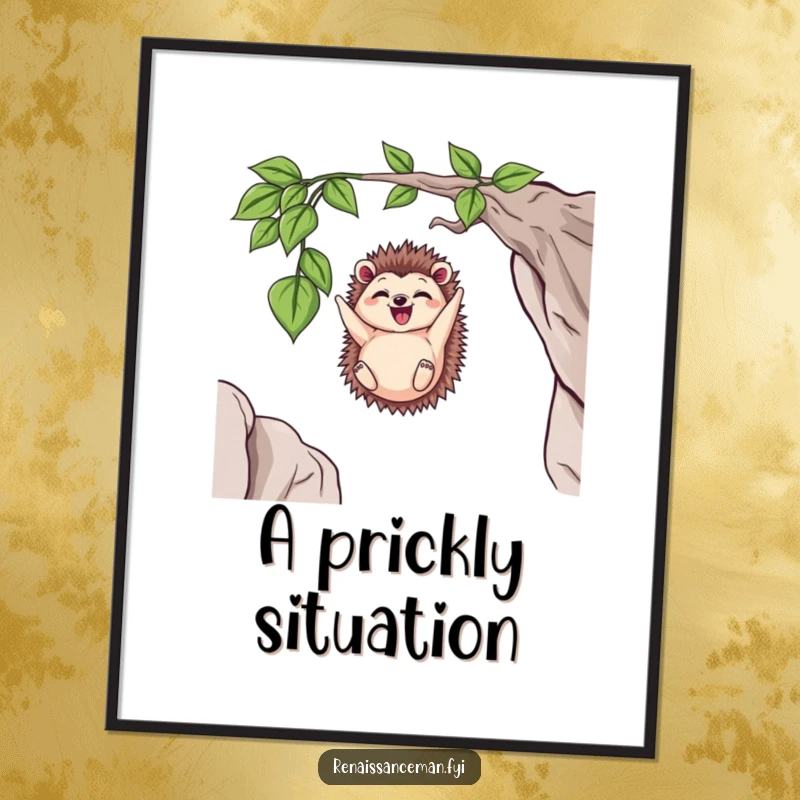 Funny Delighted Hedgehog Dangling from a Vine High Above a Cliff, Humorous Digital Art Print Instant Download.
