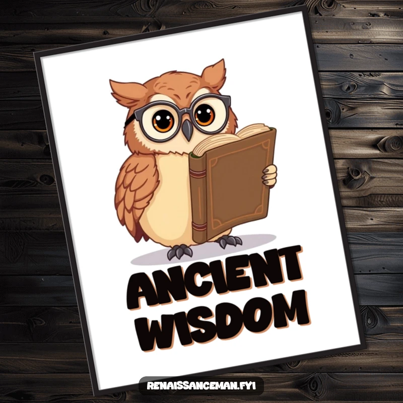 Funny owl digital art print, showing an owl with spectacles engrossed in a large, ancient book, high-resolution download for libraries and studies.