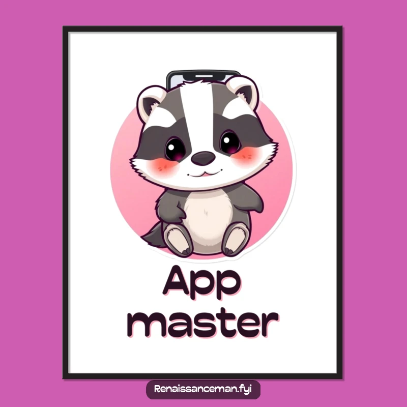 Funny Badger Techie Digital Art: Beaming badger navigating apps, a perfect funny tech gift.