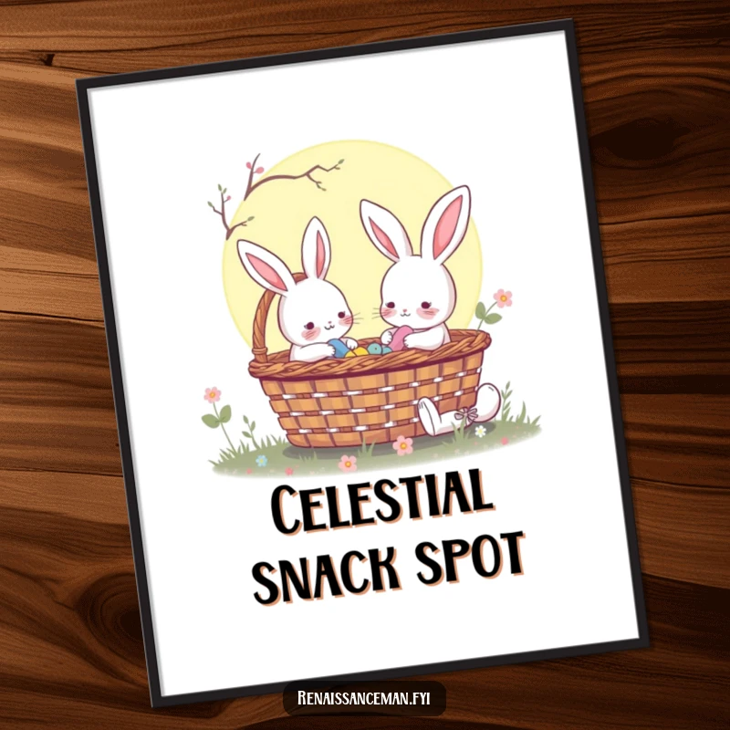 Funny rabbit sharing a moonlit picnic basket, a digital art print capturing a serene and magical nighttime scene, perfect for instant decor.