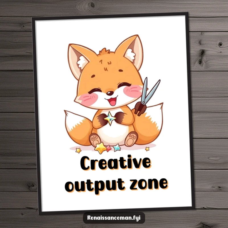 Funny digital art print: A delighted fox intently cuts a shiny embellishment, celebrating the joy of creative pursuits.