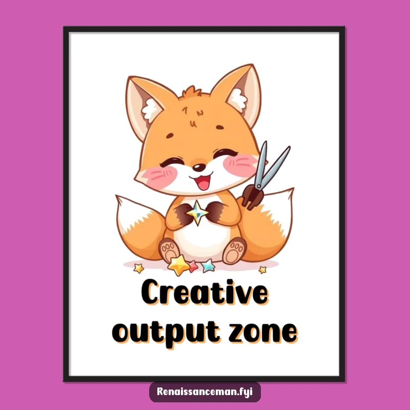 Funny Fox Crafting Digital Art: Delighted Fox Cutting Shiny Embellishments, Printable Gift