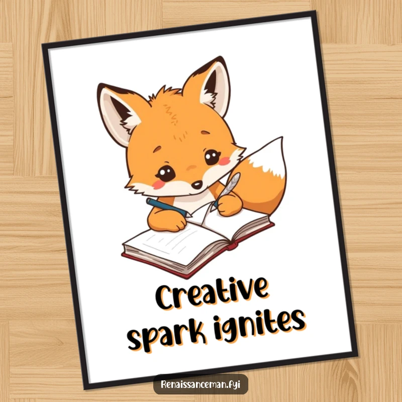 Funny creative fox using a quill pen to write ideas in a notebook, offered as an artistic digital art print.