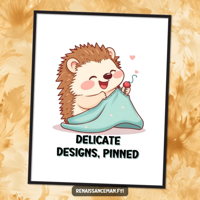 Funny digital art print of a joyful hedgehog meticulously pinning a sewing pattern onto fabric with delicate, precise movements.