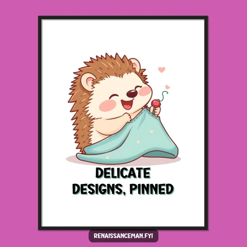 Bring delicate artistry and humor to your walls with this funny digital print. The joyful hedgehog pinning a pattern celebrates the craft of sewing.