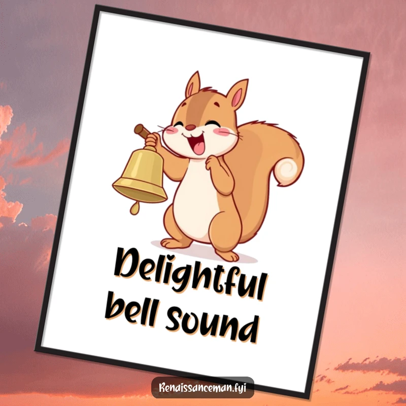 Funny digital art print of a playful squirrel enthusiastically ringing a large bell with pure delight, capturing a moment of joyful announcement.