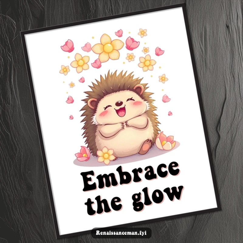 Funny hedgehog embracing under a shower of glowing petals, a digital art print symbolizing pure joy, love, and natural beauty.