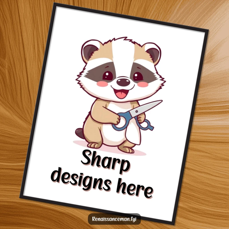 Funny digital art print of a beaming badger happily using sharp scissors to cut fabric, ideal for crafting room decor.