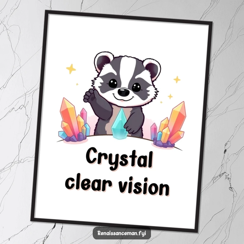 Funny Beaming Badger Reaching for Distant Colorful Crystal Formation, Humorous Digital Art Print Instant Download.