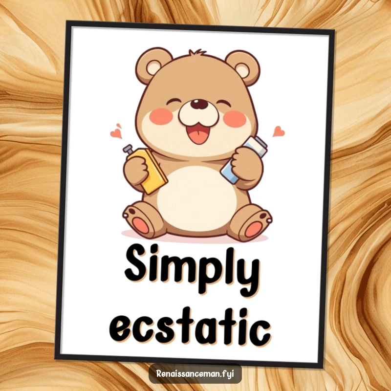 Funny digital art print of a giggling bear character demonstrating a product with exaggerated happy movements, ready to bring smiles.