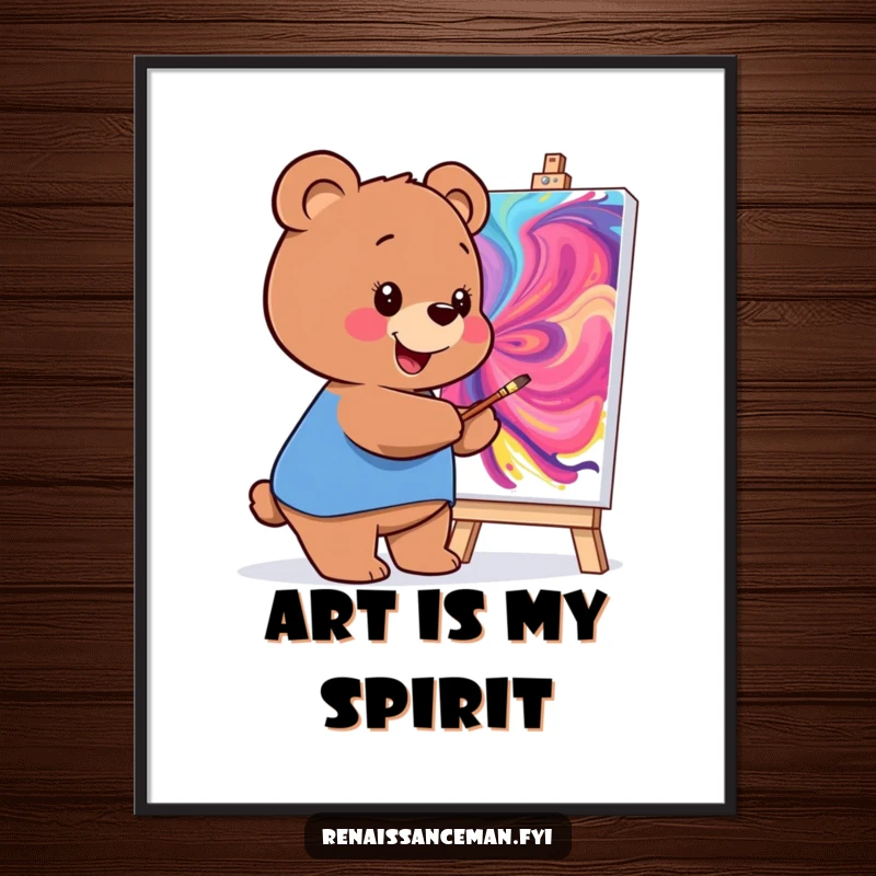 Funny digital art print of a smiling bear painting a vibrant, swirling masterpiece, perfect for artful and humorous decor.