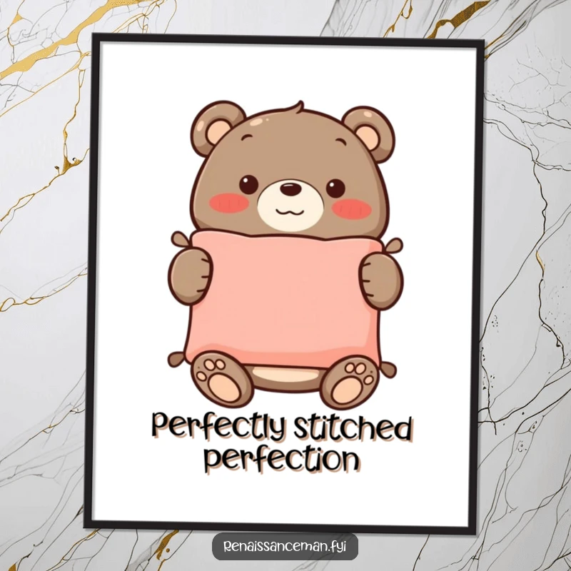 Funny digital art print of a proud bear smiling, proudly displaying a perfectly sewn cushion, ready to be framed.