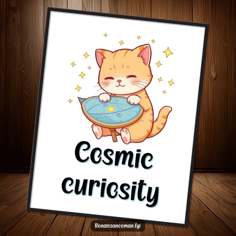 Funny cat digital art print, showing a cat peering at a star-filled celestial map, high-resolution download for stylish and whimsical decor.