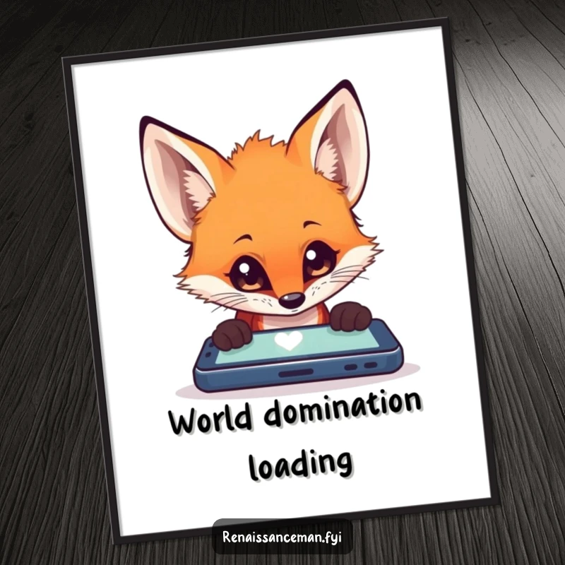 Funny curious fox with wide eyes, completely absorbed by a glowing mobile screen, as a downloadable digital art print.