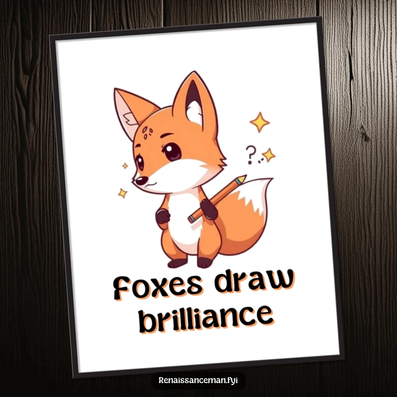 Funny fox sketch digital art print, high-resolution artwork of a determined fox sketching an idea, ideal for instant download and inspiring, humorous decor.