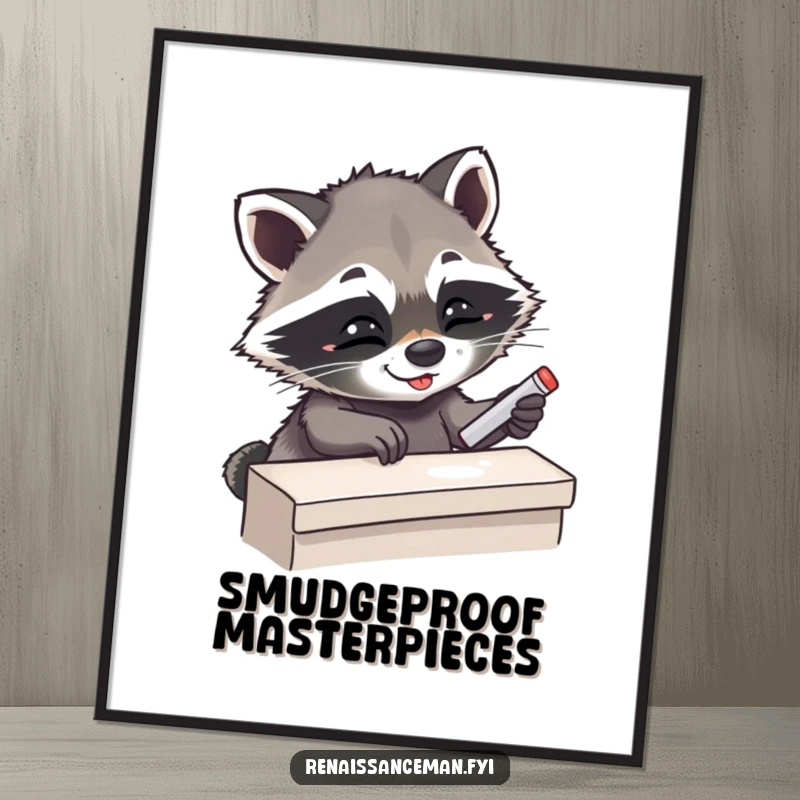 Funny Giggling Raccoon Expertly Placing Chalk on Ledge, Digital Art for Wall Decor, Humorous Instant Download.