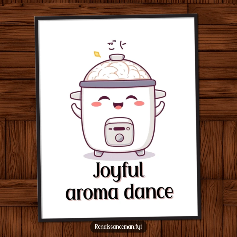 Funny digital art print of a joyful rice cooker doing a little shimmy with a satisfied aroma, perfect for lively wall decor.