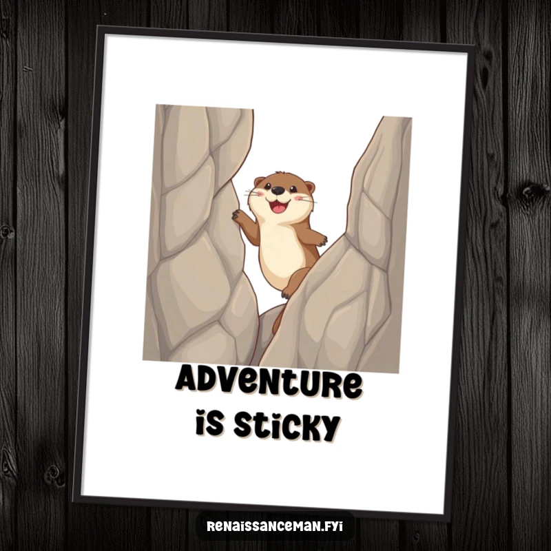 Funny otter digital art print, a happy otter character climbs a sheer cliff face using sticky paws, conveying determination and joy.