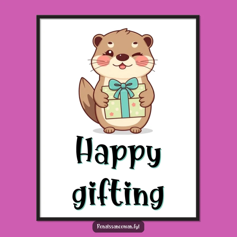 Instantly brighten your walls with this funny digital art, featuring a winking otter with a gift. Print and frame for instant joy.