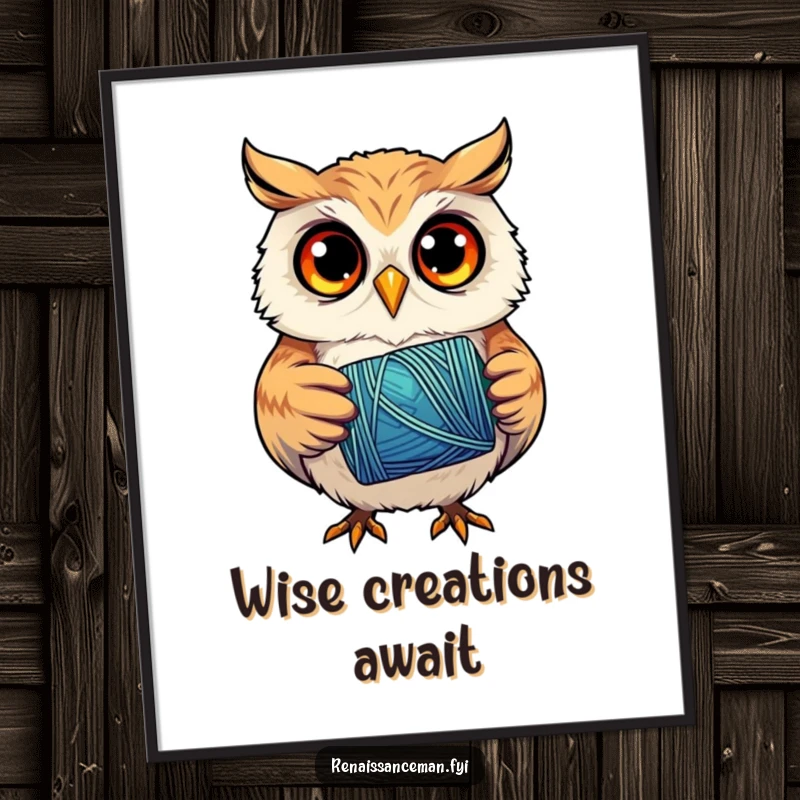 Funny digital art print of a curious owl intensely focused on a spool of vibrant thread, ideal for crafting room decor.