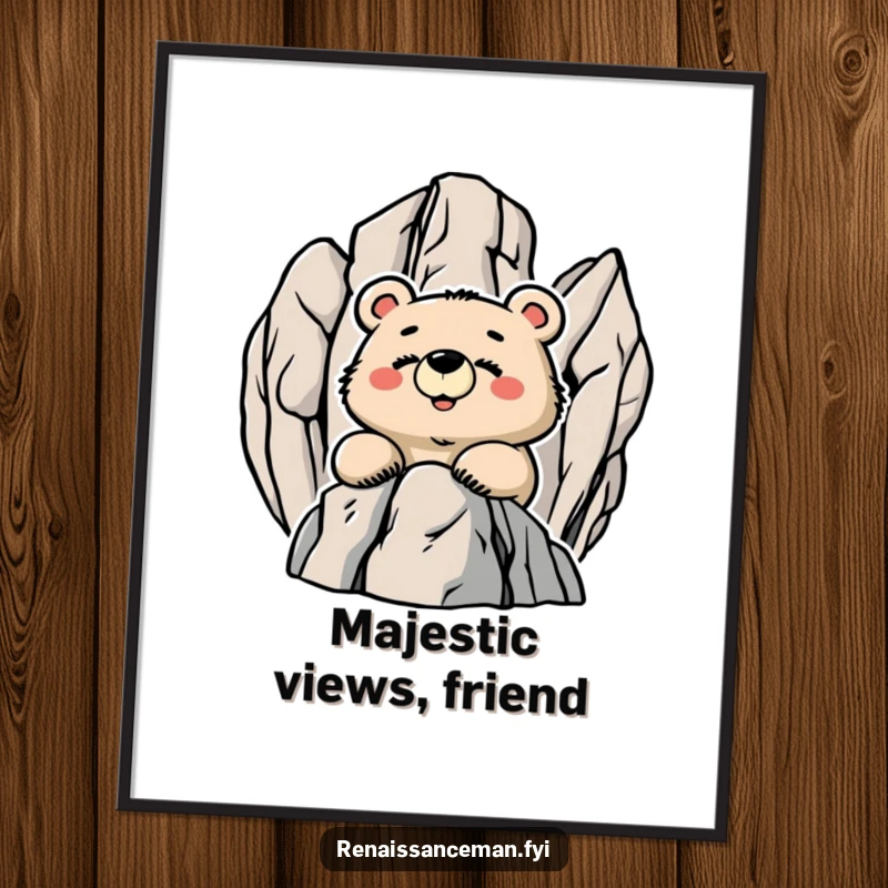 Funny Proud Bear Smiling from a Rocky Peak, Humorous Digital Art Print Instant Download.