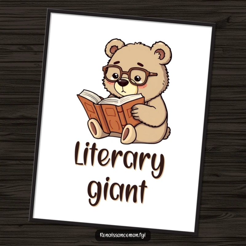 Funny scholarly bear wearing spectacles, engrossed in a large, ancient book, offered as a charming digital art print.